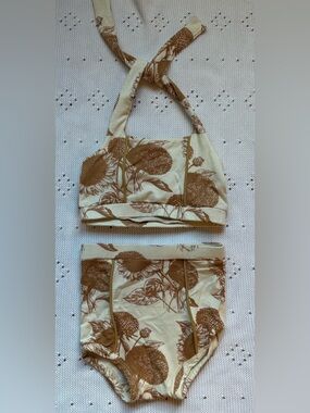 kate quinn Brown Sunflower Print Two-Piece Swim Set on Cream